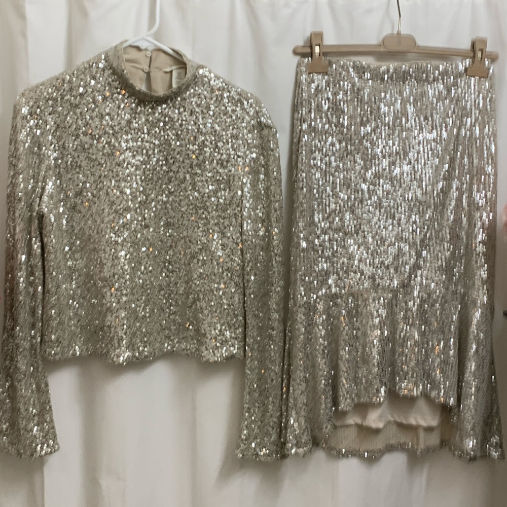 Champagne Sequin Set Elegant Matching Long Sleeve Blouse & Midi Skirt - Picture 4 of 10